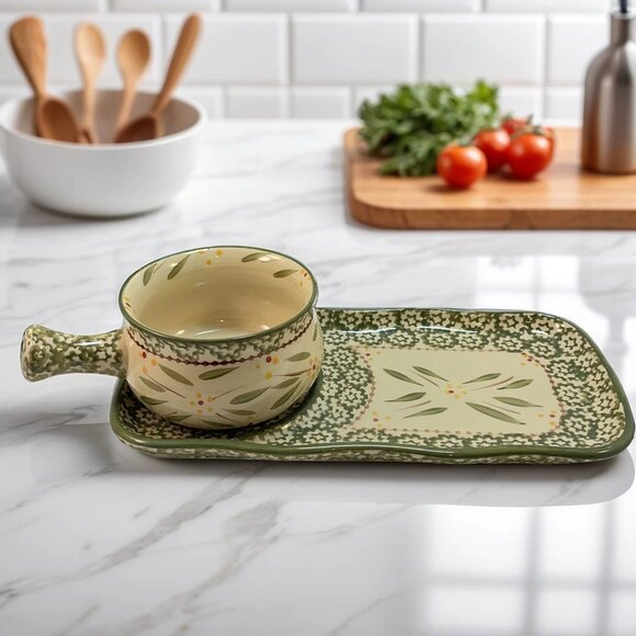 Temptations Soup And Sandwich Tray Bowl Old World Green Floral Pattern - Picture 1 of 8